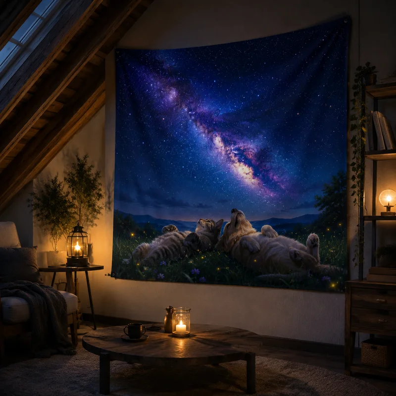 VIKAMA Rainbow Meadow Cute Pet Tapestry, Tabby Cat and Border Collie on a Green Hill at Sunset Wall Hanging, Home Decor