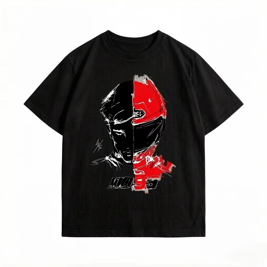 Graffiti Biker Helmet Print T‑Shirt Split Portrait Art Unisex Oversized White Casual Tee