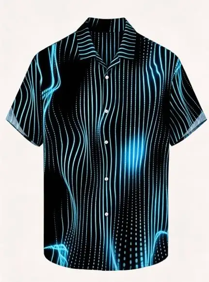 Tech‑Style Glowing Line Stripe Pattern Men Lapel Shirt Button Front Short Sleeve Holiday Blouse