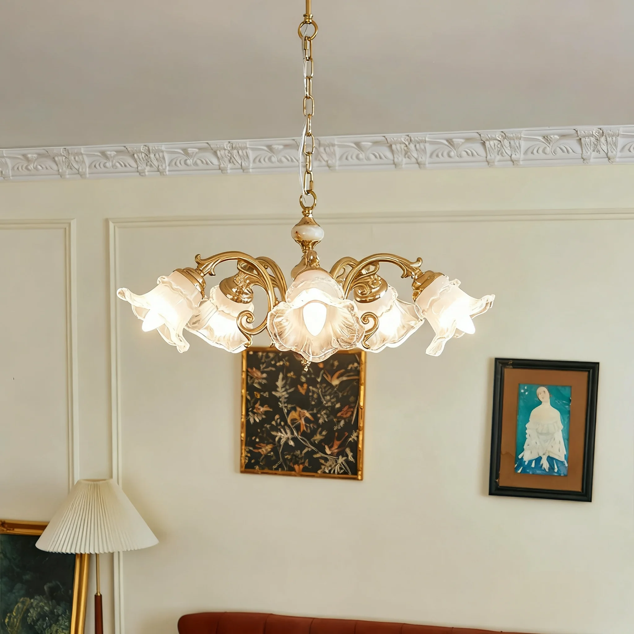 REVEN Dimmable Gold Chandelier Modern Luxury Brass Crystal Flower Pendant Light for Living Room Design Lustre Ceiling lamp