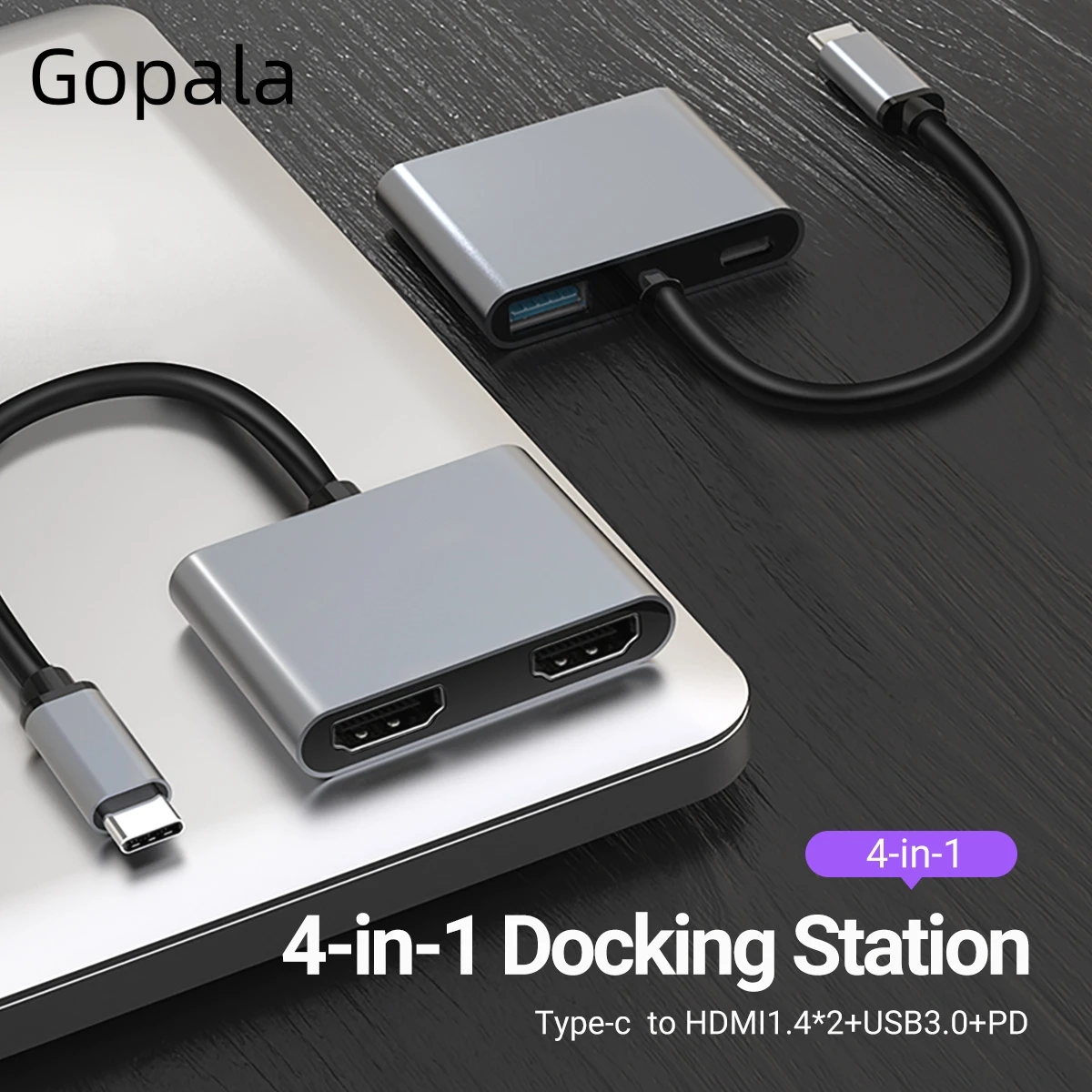 Adaptador Gopala-USB C para Dual HDMI, 4K a 30Hz com USB 3.0, Suporte PD de 100W para MacBook Pro Air e Dell, Suporte apenas MST para Windows