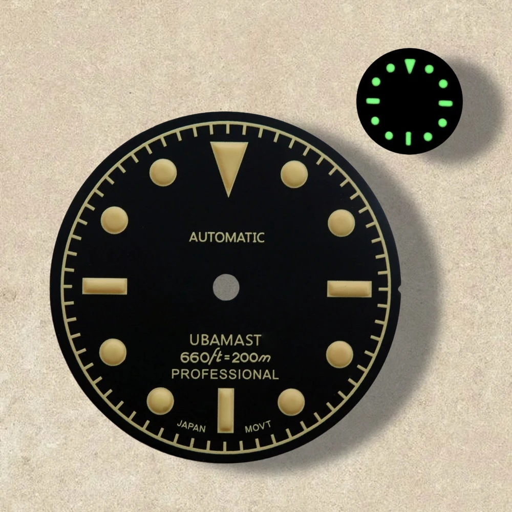 28.5mm Retro SUB Dial S Logo NH35 Dial Fit 3/3.8/4.2 O'clock Crown Green Luminous Watches Accessories For NH35/NH36 Movement