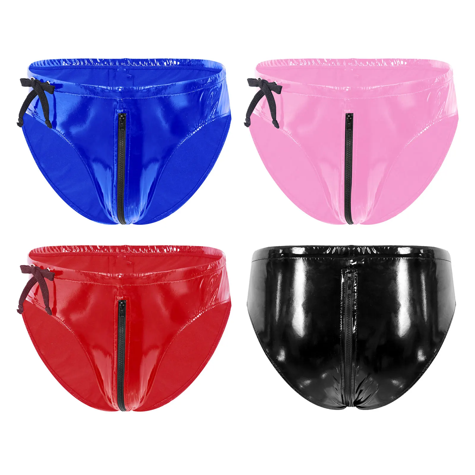 Male Mens Wet Look Briefs Drawstring Low Waist Zipper Patent Leather Bikini Underpants Underwear Clubwear Stage Show Costume