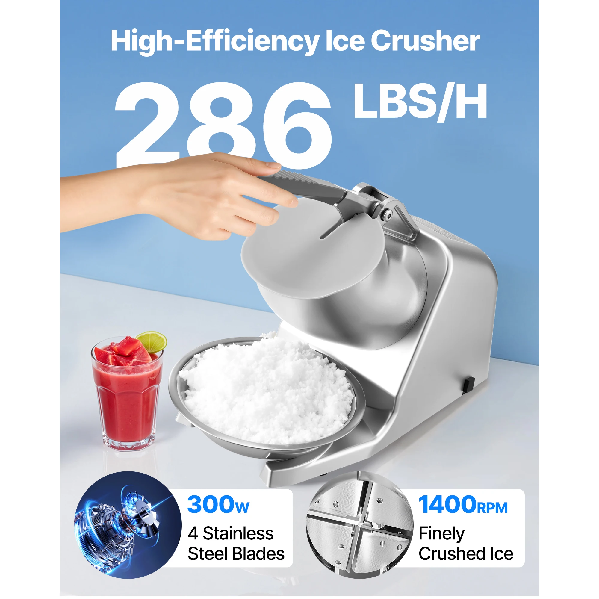 #￥for SucceBuy Ice Crusher Machine Stainless SteelShaved Ice Machine with BowlandCoverIce-Shaver for HomeandCommercialUse Silver