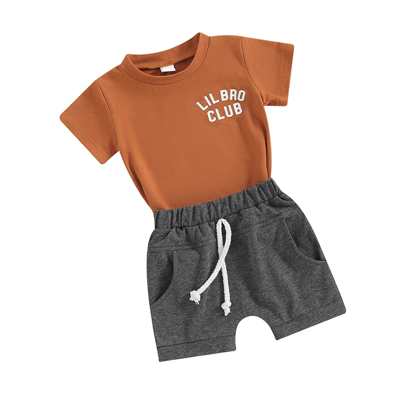 Baby Boys Summer Shorts Sets Short Sleeve Letter Print Tops and Solid Color Drawstring Shorts Sets