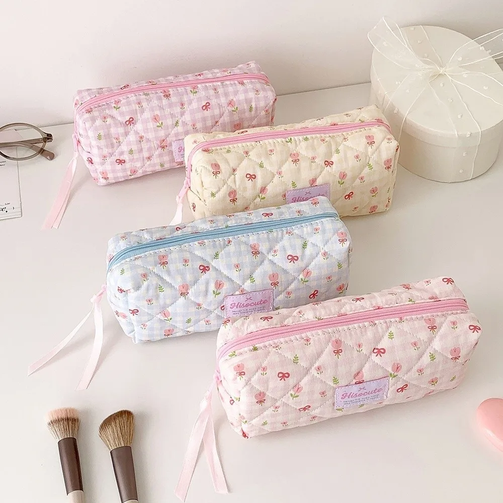 Floral Pattern Pencil Case Bow Pattern Zipper Closure Pencil Pouch Wrist Strap Multi-Compartment School Supply Bag