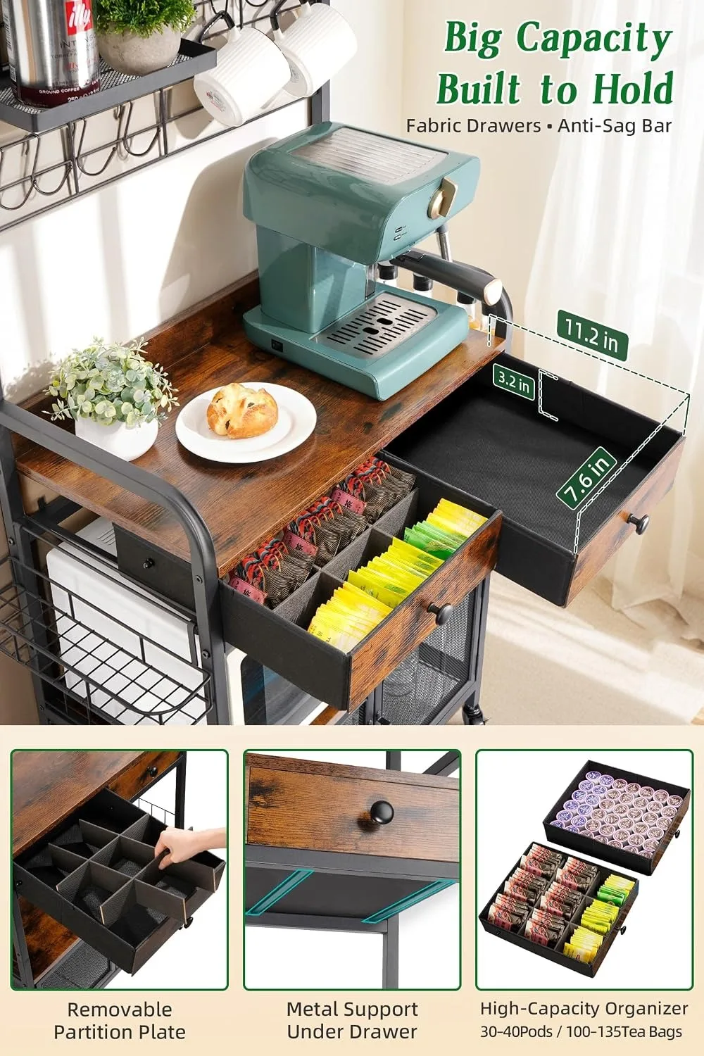 Rolling Coffee Bar Cart for Small Spaces, Coffee Station with Storage, Side Syrup Rack, Tea Pod Drawer, Magnetic Doors, Lockable Wheels view 5