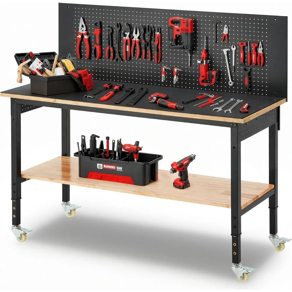 Höhenverstellbare Werkbank, 3000 Pfund robuster Arbeitstisch für die Garage, Arbeitsplatz aus Gummiholz mit USB-Steckdosen/-rädern