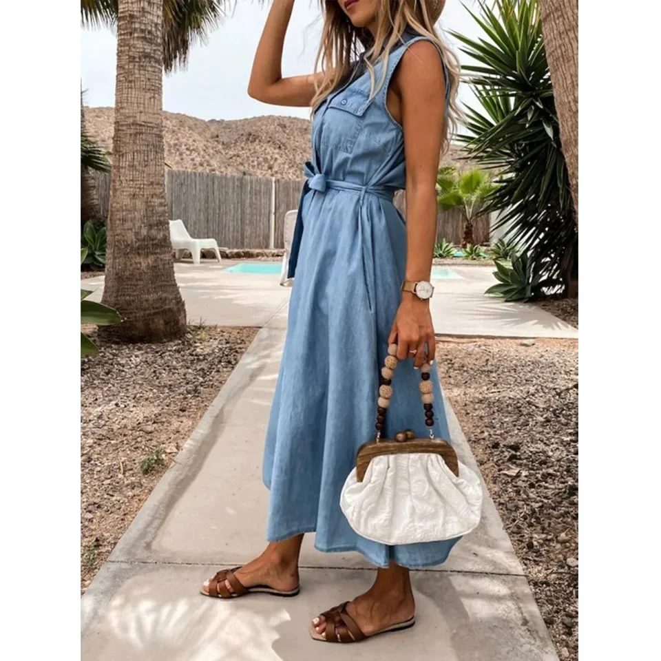 

Elegant Sleeveless Dress For Women Spring Summer New Lady Commuting Dress 2025 Fashion Lapel Single Breasted Belt Long Skirt