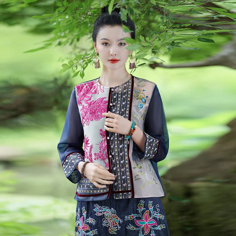 New Chinese Style National Trend Snowflake Chiffon Ogees Long Sleeve Heavy Embroidery Seven Sleeve Outerwear Cardigan