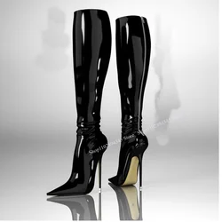 Bottes en cuir verni à paillettes noires pour femmes, chaussures au genou, talon haut fin, mode sexy, roman cool, hiver occidental