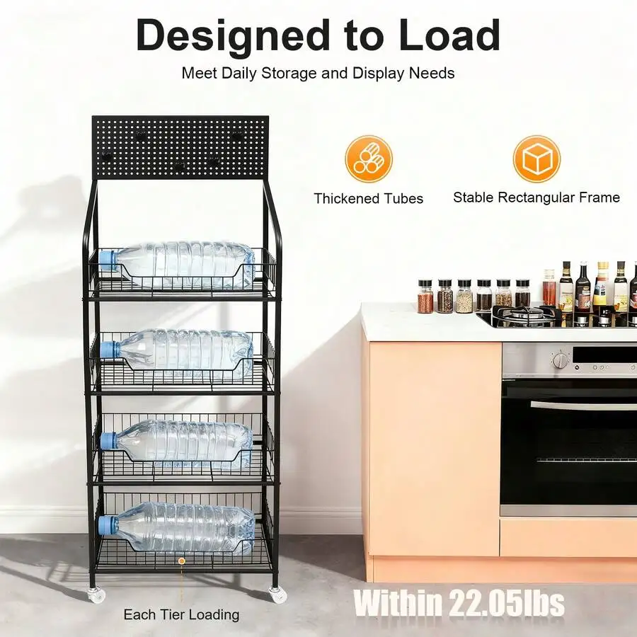 4-Tier Metal Rolling Storage Shelf With 5 Hooks & Lockable Wheels Utility Organizer Rack For Kitchen Garage Retail Store