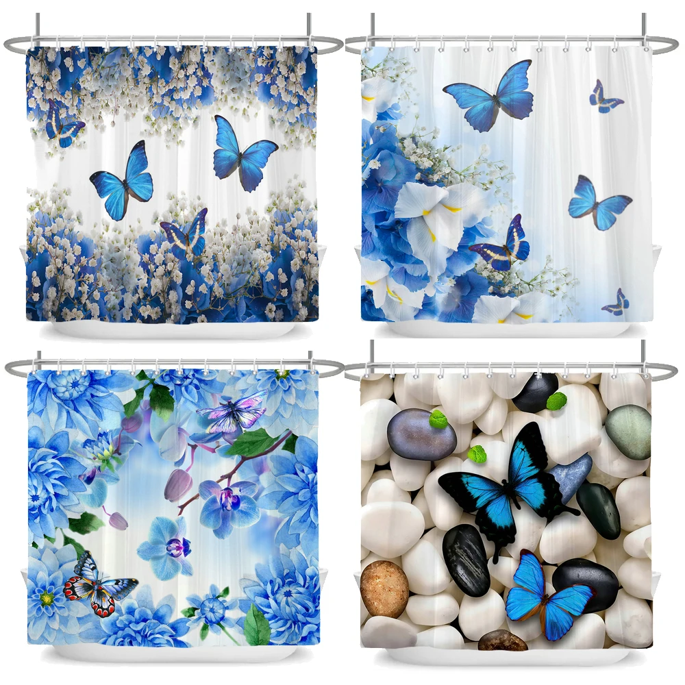 

Blue Rose Butterfly Flowers Shower Curtain 3D Bathroom Curtain Fabric Waterproof Polyester Washable Bath Screen Curtain Set