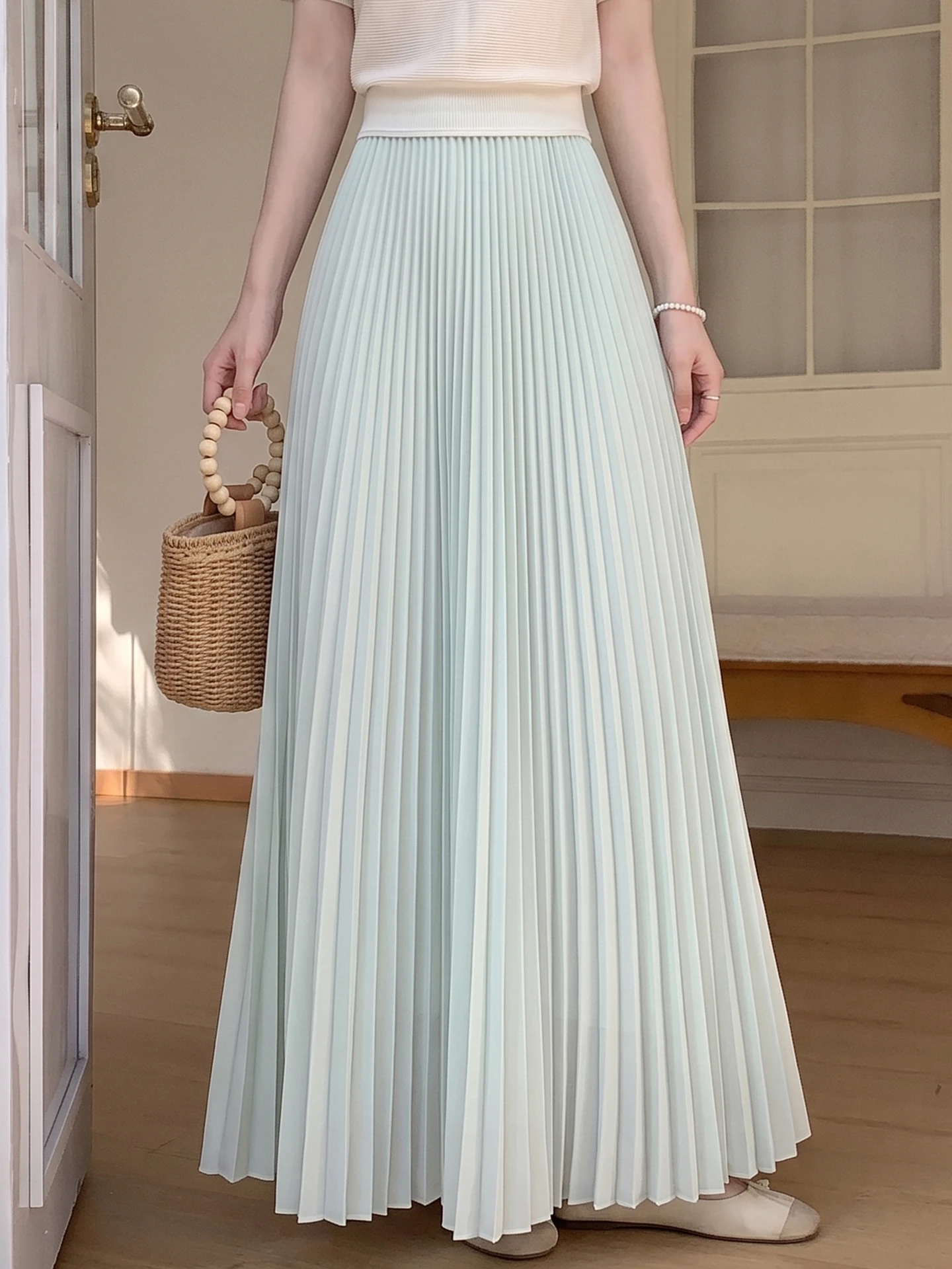 

Elegant High Waist Pleated Skirt Women's Ankle Length Polyester Fiber Gauzy Skirts Summer New Style Midi Skirts