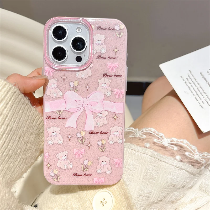 Милый чехол для телефона с блестящим бантом и цветочным принтом медведя для iPhone 14 15 Pro 16 Pro Max Flash, розовый, 3D чехол с бантом и лаппет для девочек, подарок