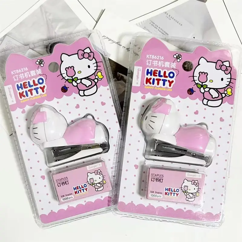 Kawaii Hello Kitty Two Colors Staplers Set Cute Cartoon KtCat Student Material Test Paper Mini Binding Machine School Stationery