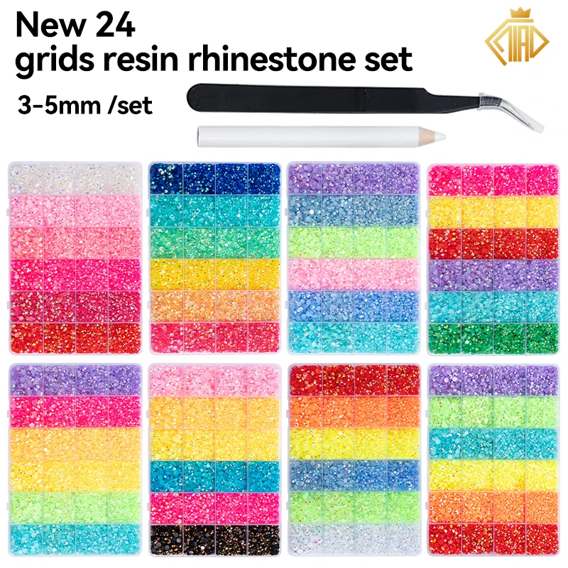 

24 Grids Resin Rhinestones Set Round Flatback Non Hotfix Glitter Crystal Gem For DIY Clothes Nails Art Decorative Accessories