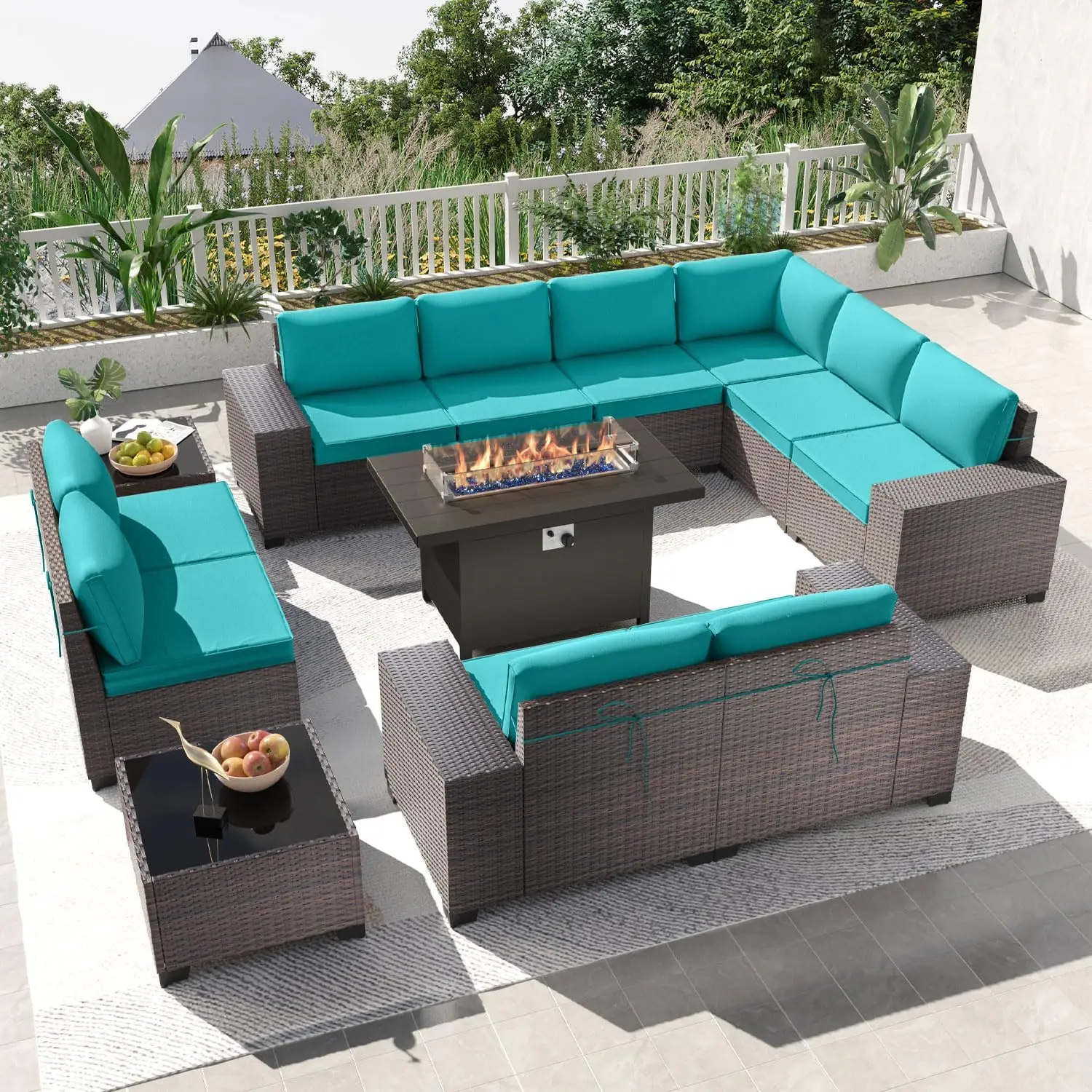 12PCS Outdoor Patio Furniture Set PE Wicker Rattan Sectional Sofa Patio Conversation Sets,Blue