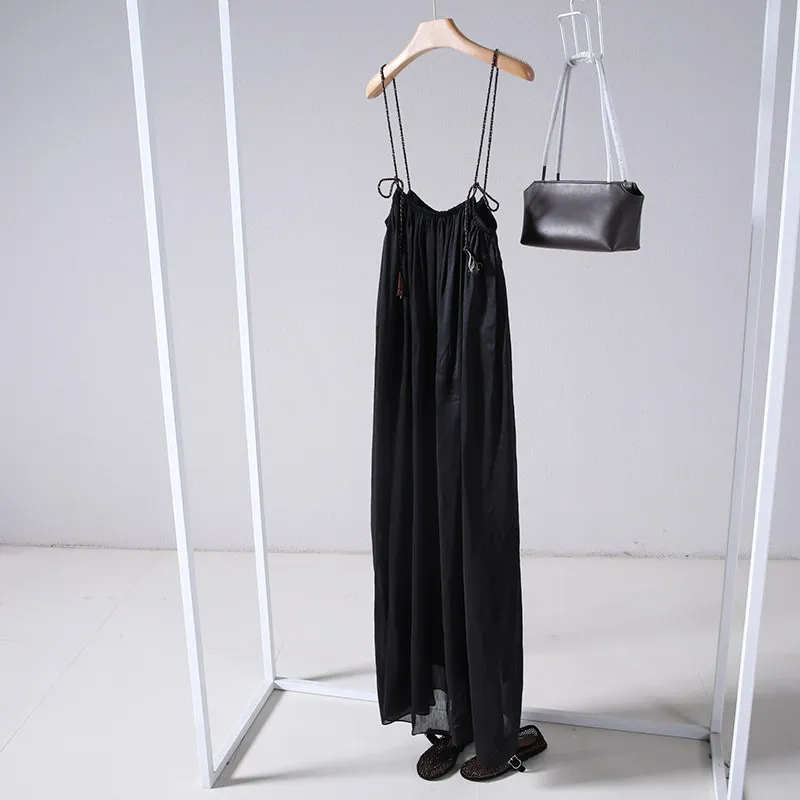 Linen and Silk Pleated Stretch Neckline Adjustable Straps Slip Dress