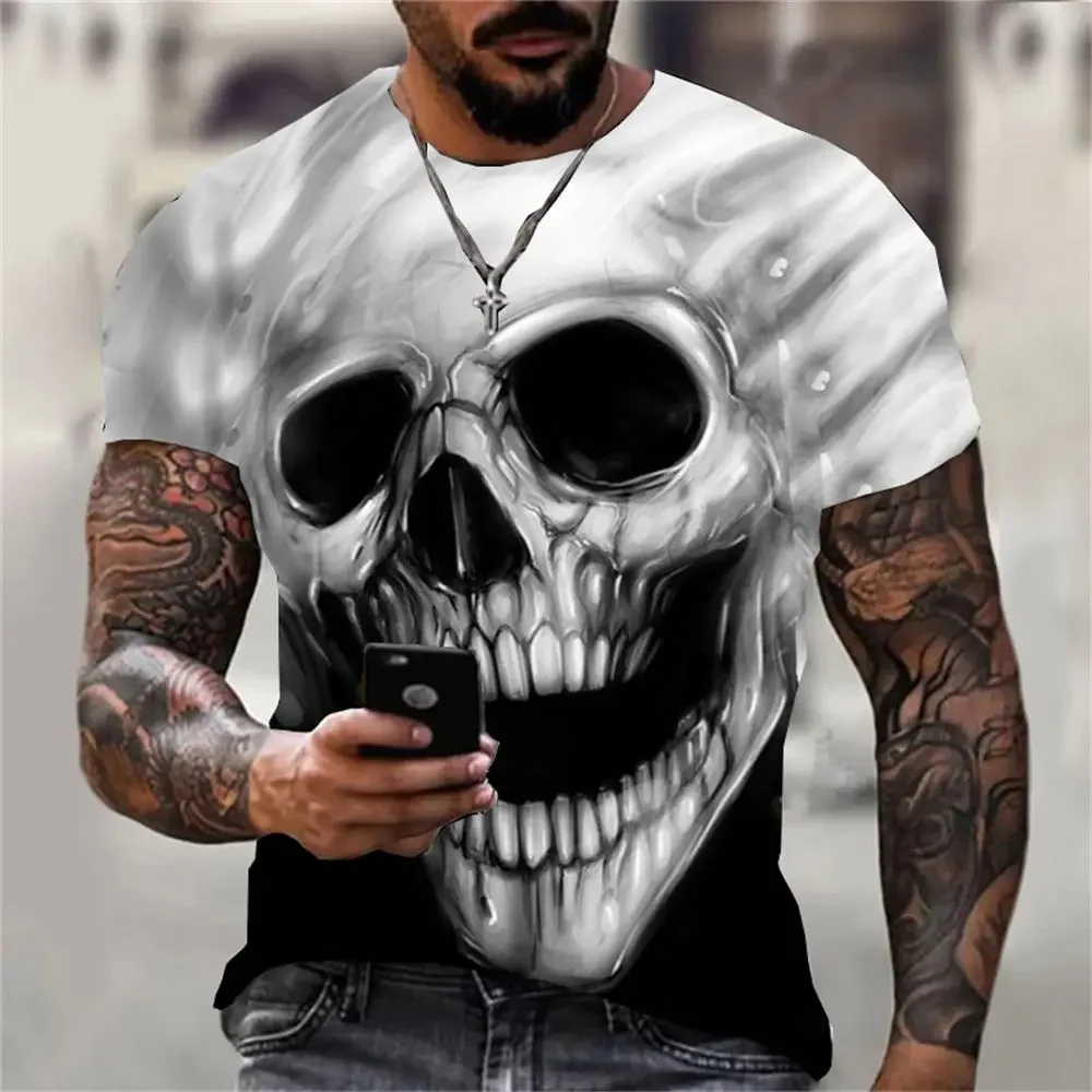 Cool Skull Print T-shirt Men\'s Trend 3D Pattern Short Sleeve Personalized Horror Style Street Apparel Large Men\'s Round Neck Top