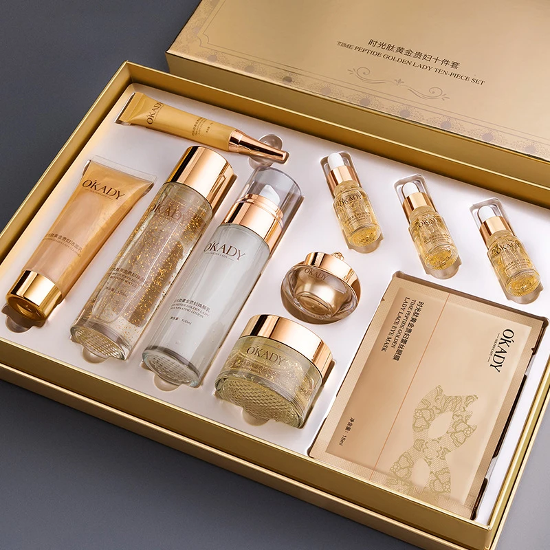 Oppe Time Peptide Gold Lady 10 Piece Set Hydrating Skin Care Set Box Moisturizing Repair Cosmetics Brightening Skin Nourishing Skin Unisex Sensitive Skin Suitable Deep Hydrating Gift Box Autumn and Winter Essential Face Care Set Moisturizing Skin Care