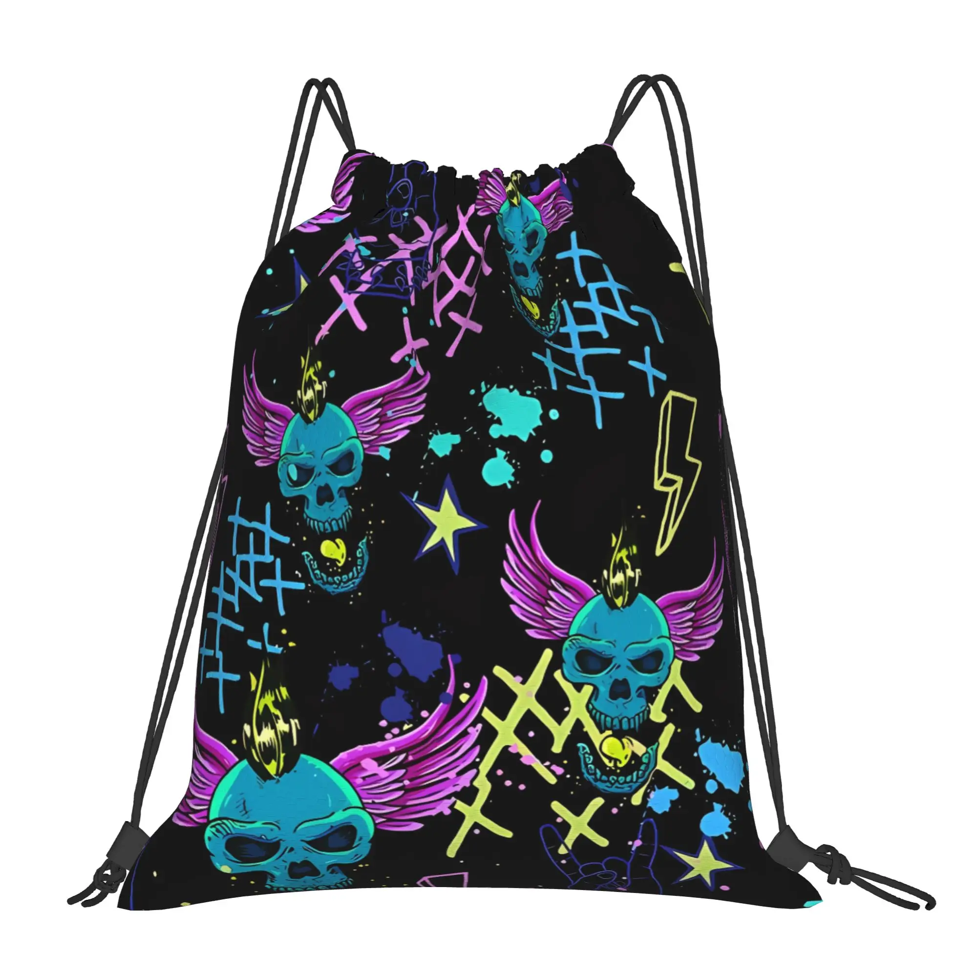 Y2K Neon Punk Graffiti Portable Hiking Riding Gym Drawstring cool gift Storage Backpacks