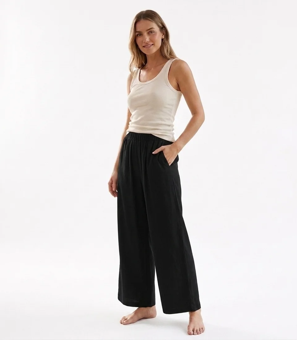 Calças Largas de Algodão e Linho para Mulheres, Cintura Alta Elástica, Calças Soltas com Pregas e Bolsos, Cor Sólida, Estilo Boho de Verão