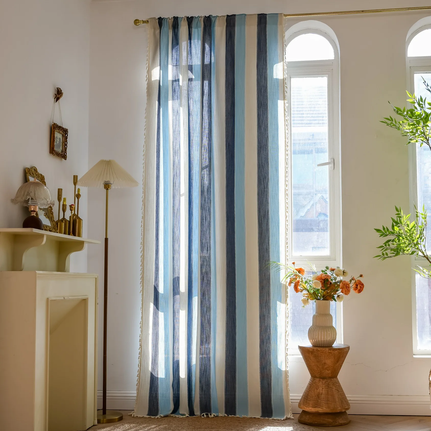 Bohemian Colorful Striped Tulle Curtains Tassel Semi Blackout Window Drapes for Kitchen Coffee Shop Home Decor 45-275cm Height