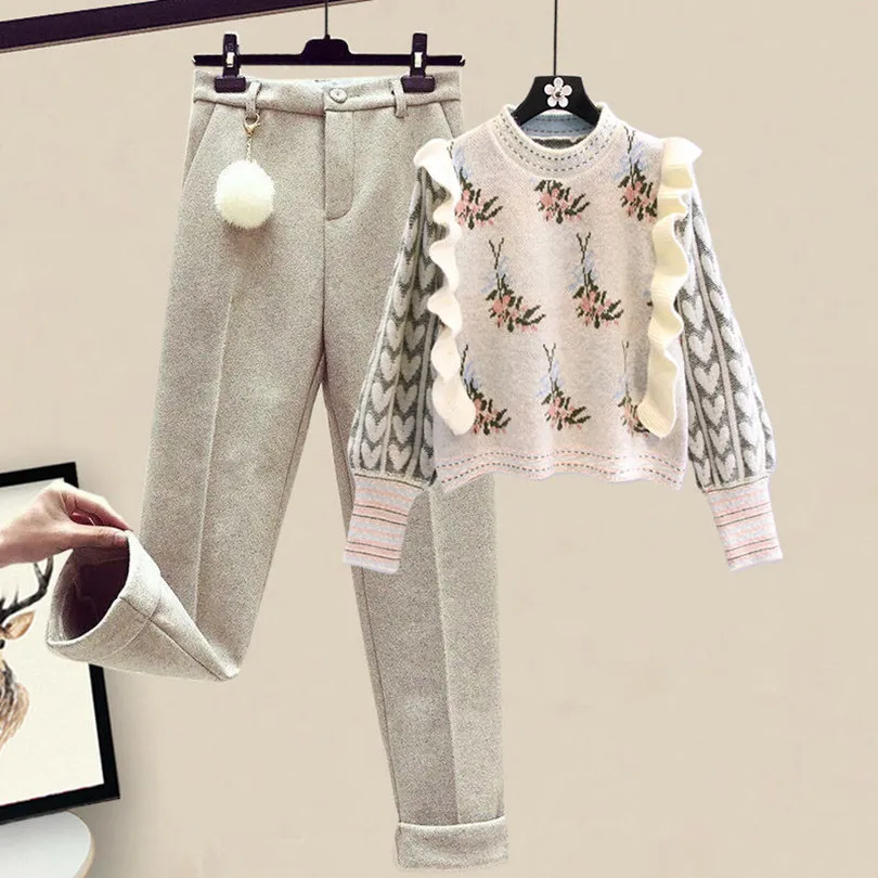 Jesienno-zimowa 2022 nadruk w stylu Vintage dzianinowy sweter Casual weลniane spodnie dwuczฤลciowy zestaw eleganckie spodnie dla kobiet zestaw
