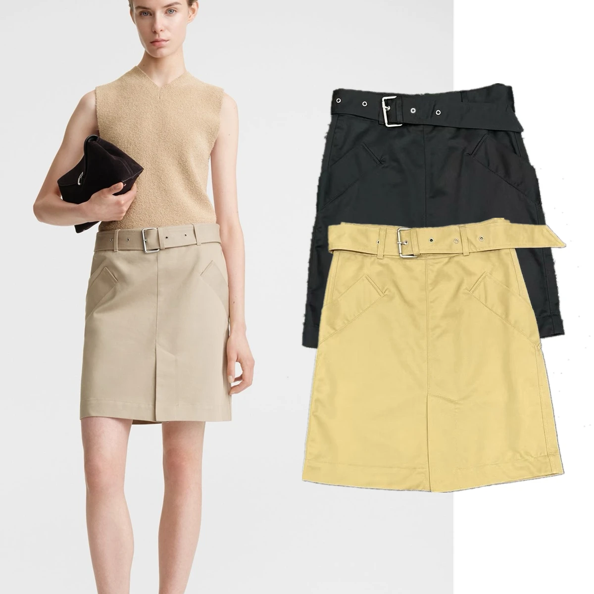 Dave&Di Nordic Minimalist Solid Color High Waisted Skirt With Belt For Casual Commuter Mini Cotton Skirt Women