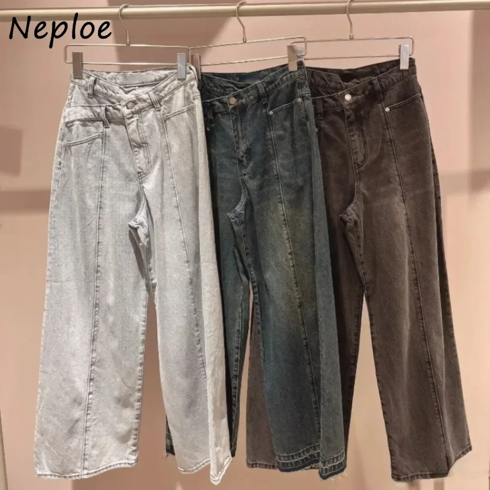 Neploe ใหม่สบายๆเอวสูงกางเกงขากว้าง All-Match หลวมความยาวกลางกางเกงญี่ปุ่น Moda VINTAGE DENIM กางเกง