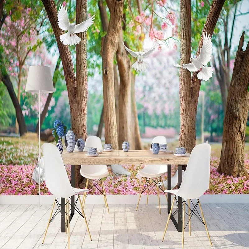 

Dreamy Cherry Tree Dove Murals Wallpaper Woods Scenery Pastoral Wall Cloth Wedding House Bedroom Living Room Papel De Parede