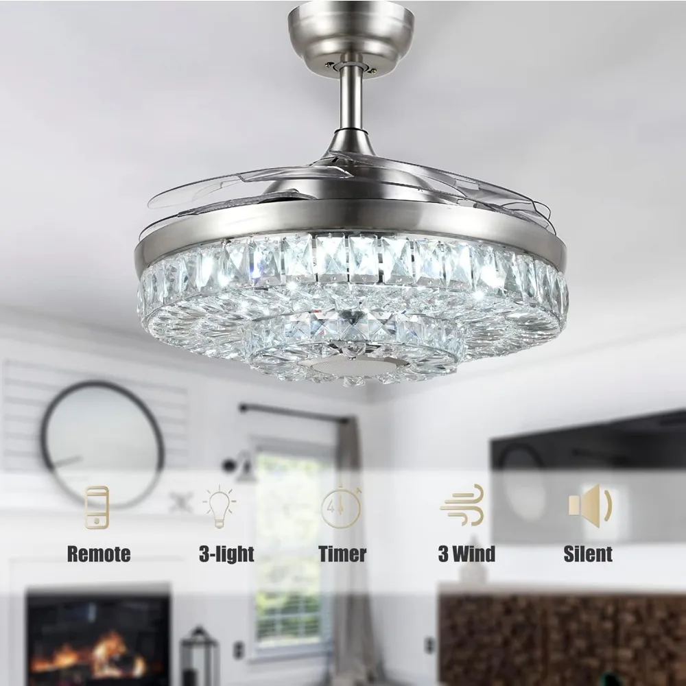 Modern Ceiling Fan with Light Remote Control, 42” Crystal Chandelier Fan with Retractable Blades, Smart Bluetooth Fandelier