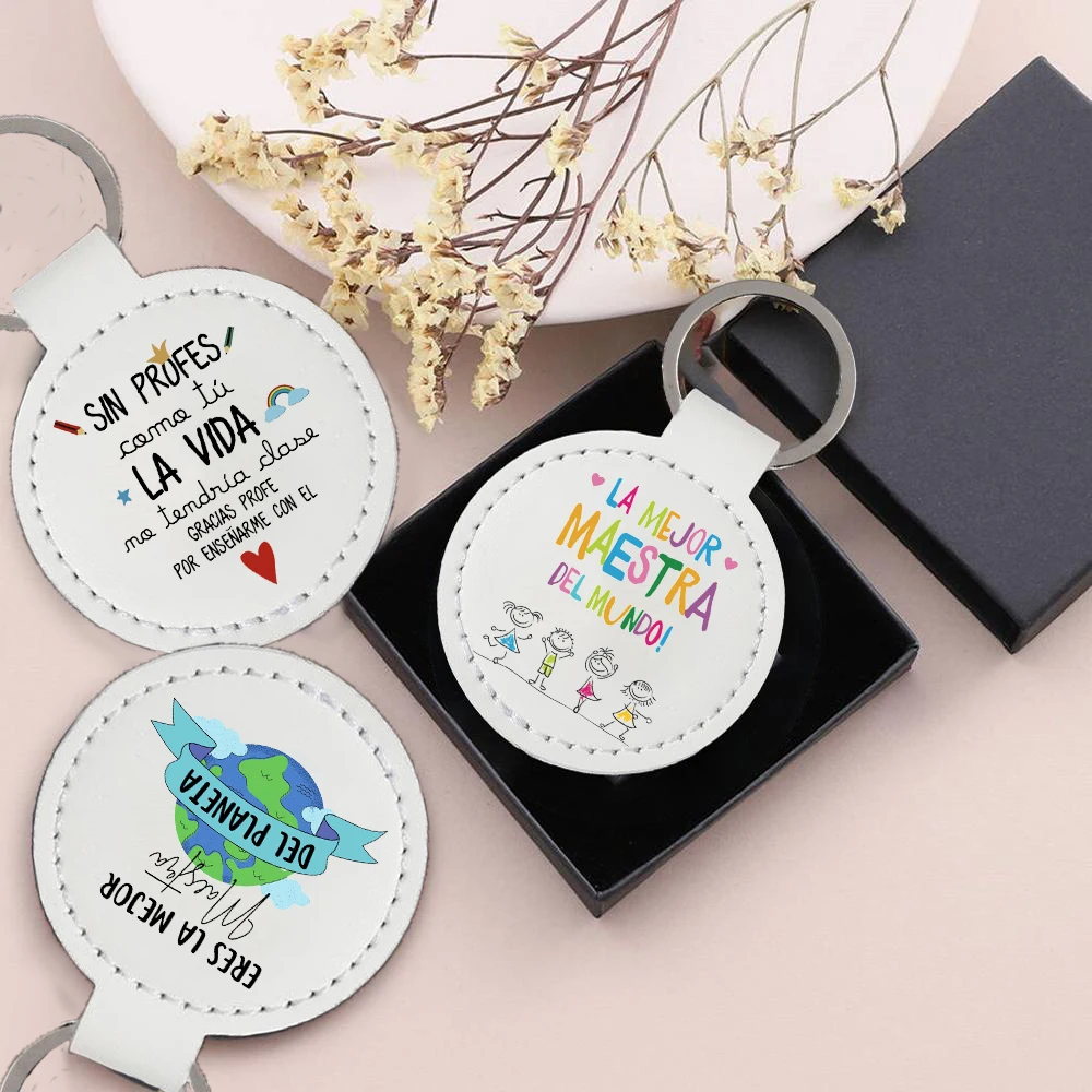 سلاسل مفاتيح طباعة إسبانية ليوم المعلم ، حلقة مفاتيح جلدية ، حلقة مفاتيح لهدايا التخرج ، أفضل معلم في العالم #1