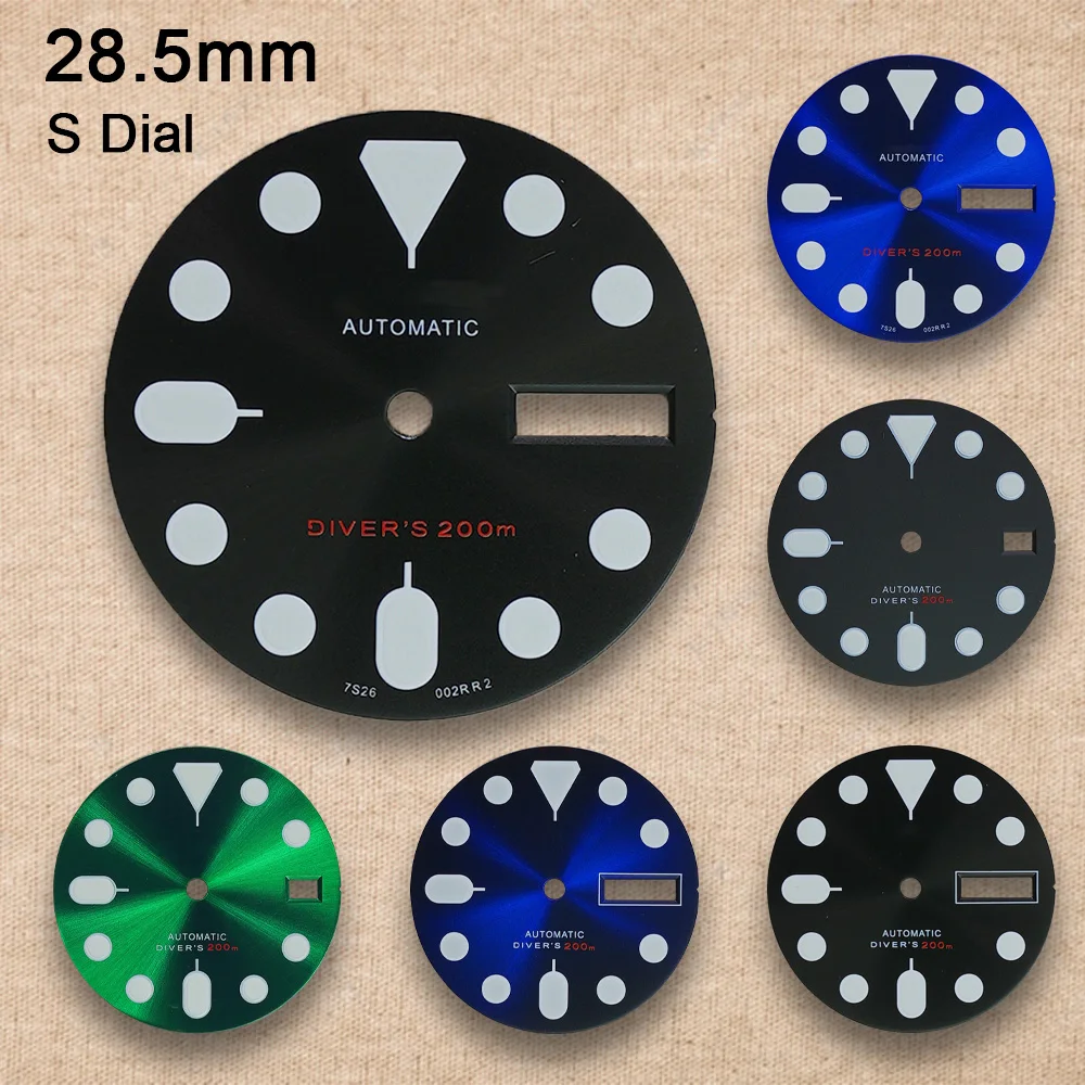 Image of 28,5 mm S-Logo SKX007 Zifferblatt passend für NH36/4R36 Uhrwerk, grün leuchtendes Matt-/Sunray-Zifferblatt, Uhrenmodifikationszubehör
