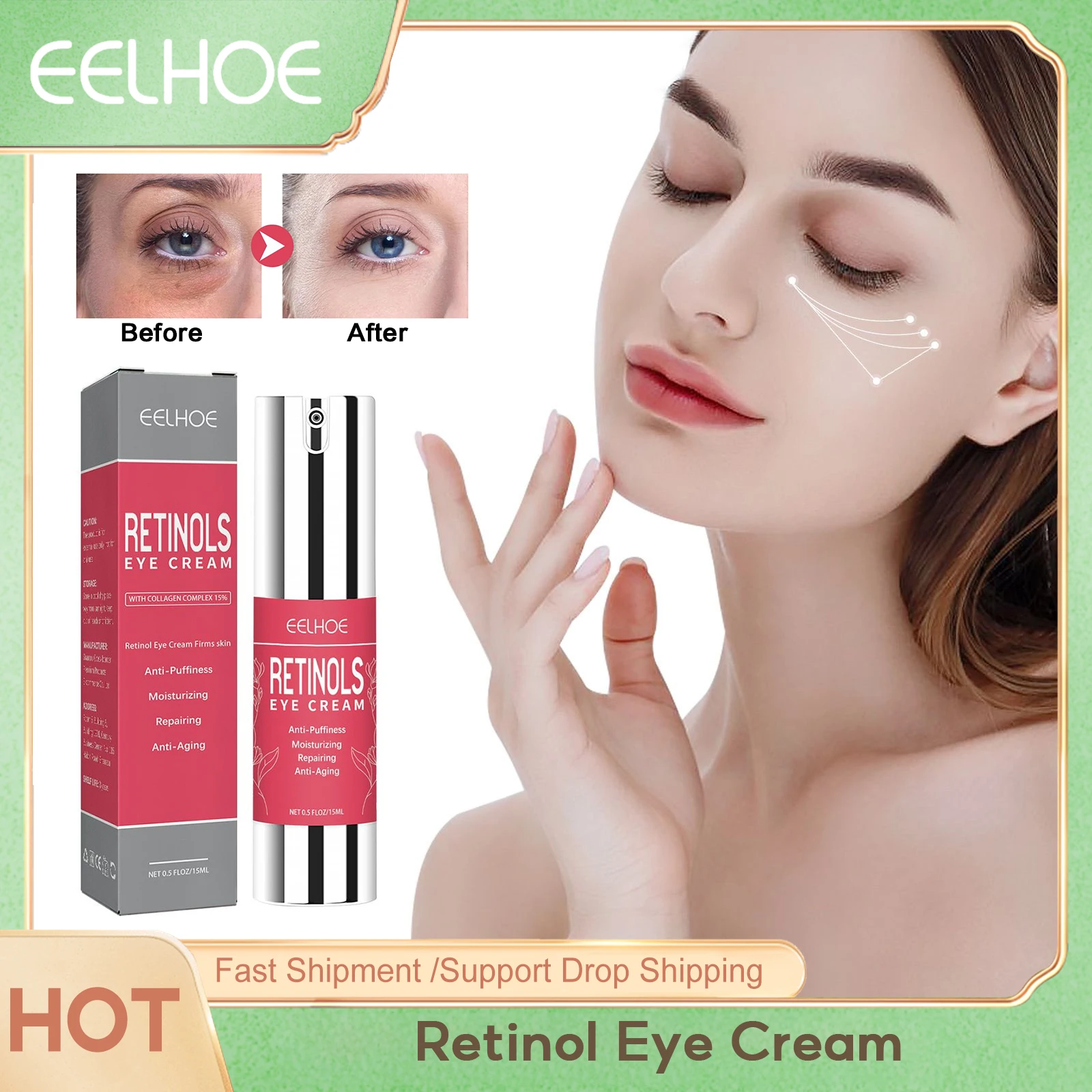 EELHOE Retinol Eye Cream Fade Fine Lines Remove Dark Circles Eye Bags Anti Puffiness Lifting Firming Skin Anti Wrinkle Eye Cream