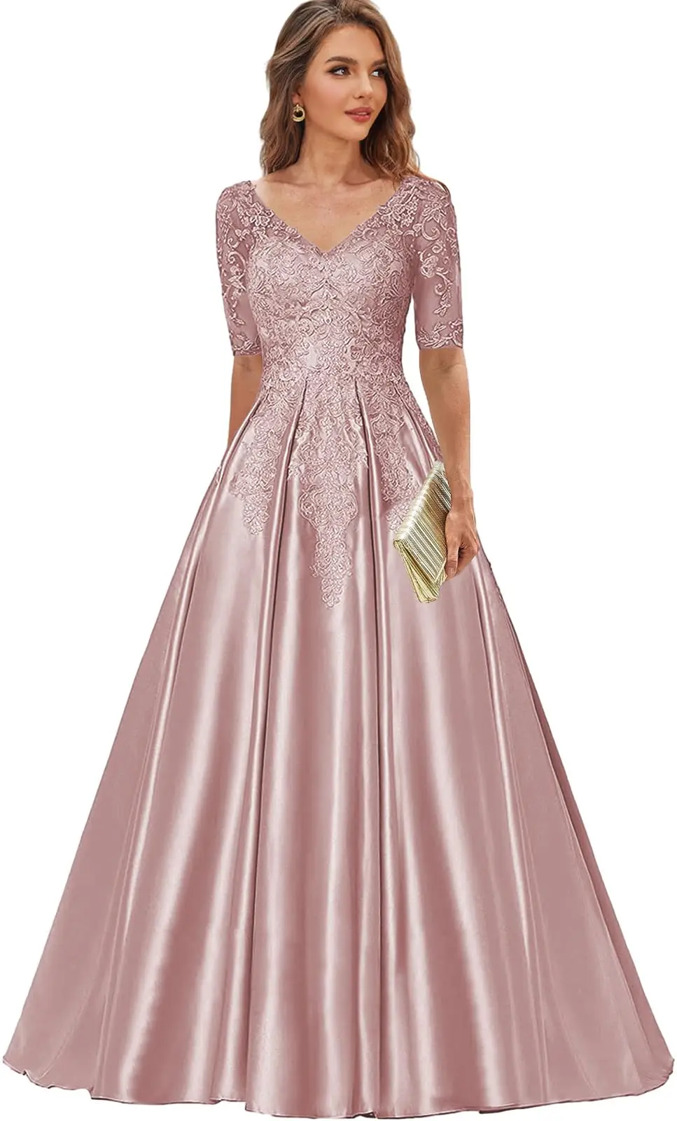 

Satin Mother of The Bride Dresses for Wedding Pleated V Neck Lace Applique Formal Dress Half Sleeve Long Evening Gown