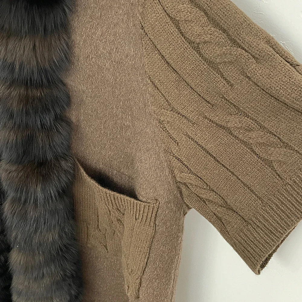 OFTBUY Neueste Luxuriöse Winter-Wollmischungen Echter Großer Fuchspelzmantel für Damen Warme Übergroße Natürliche Pelz-Kaschmir-Wolljacken für Frauen – Detail 13