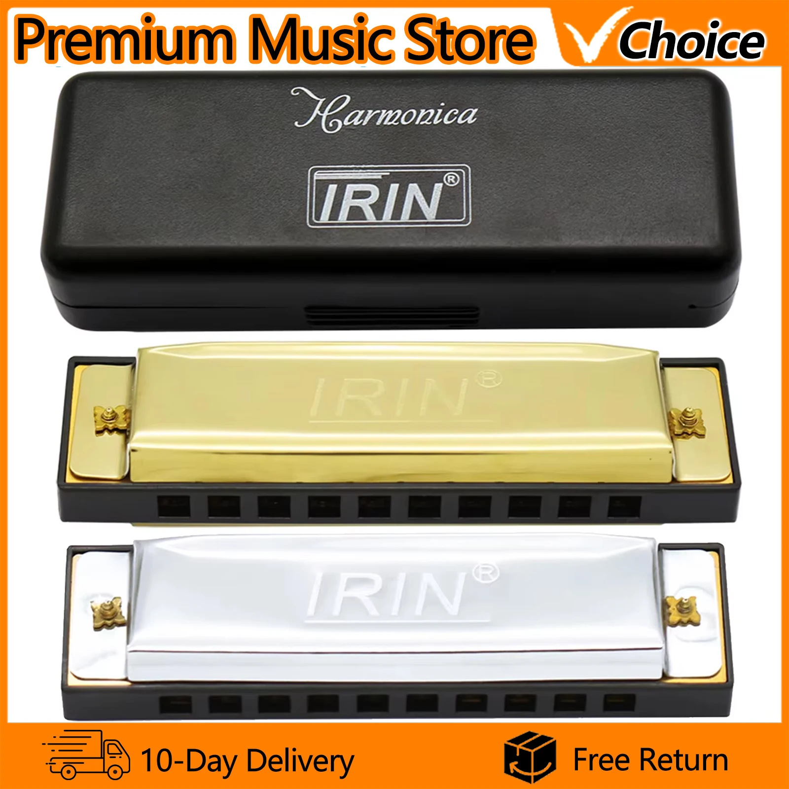 IRIN Mundharmonika, 10-Loch, 20 Töne, Bruce-Mundharmonika, Mundorgel, geeignet für Musikliebhaber, Holzblasinstrument, Gold/Silber