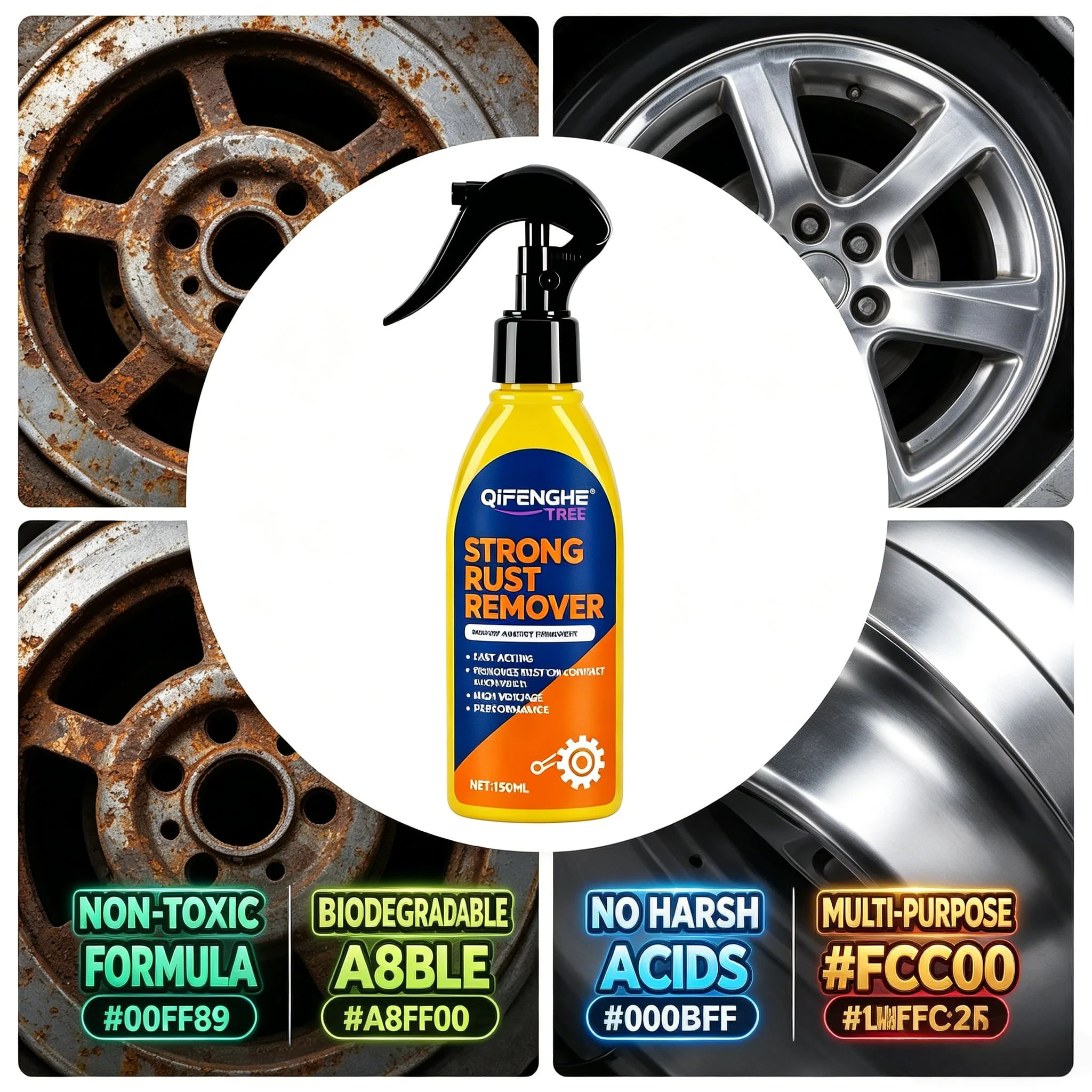 QiFENGHE® 150ML Strong Rust Remover Spray Restore Brightness Effect Remove Dirt Grime Surface Safe Metal Cleaner for Car Parts