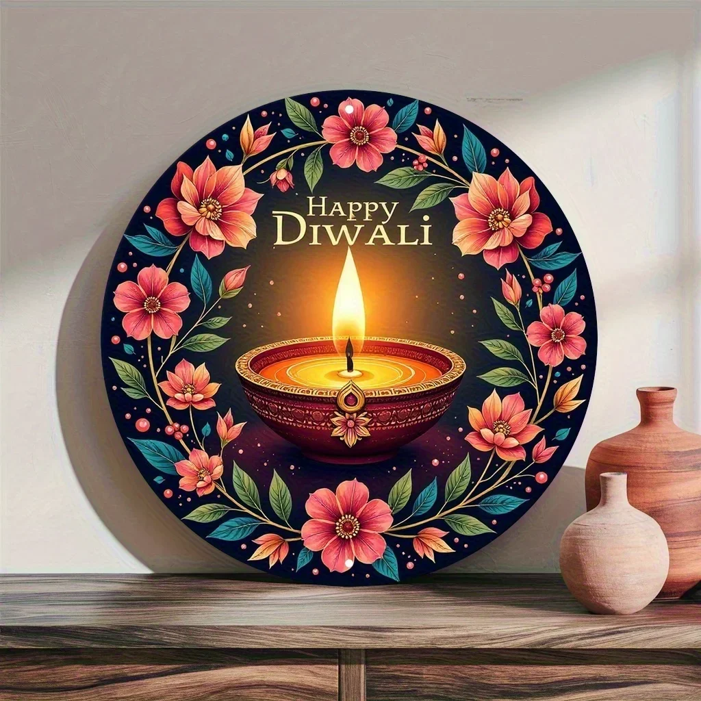 CIFbuy Festive Diwali Oil Lamp Aluminum Wall Art Waterproof Wear Resistant Metal Sign Home Decor for Office School IndoorOutdoor