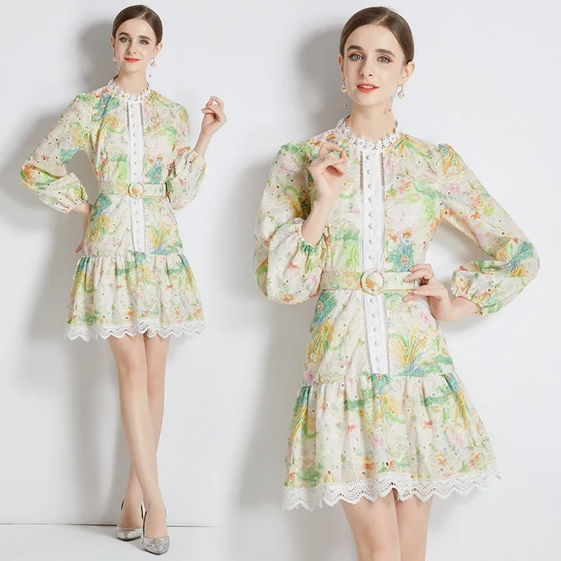 2024 Spring and Autumn New French Stand Collar Heavy Industry Hollow Hook Printing Flower Dress Waist Skirt