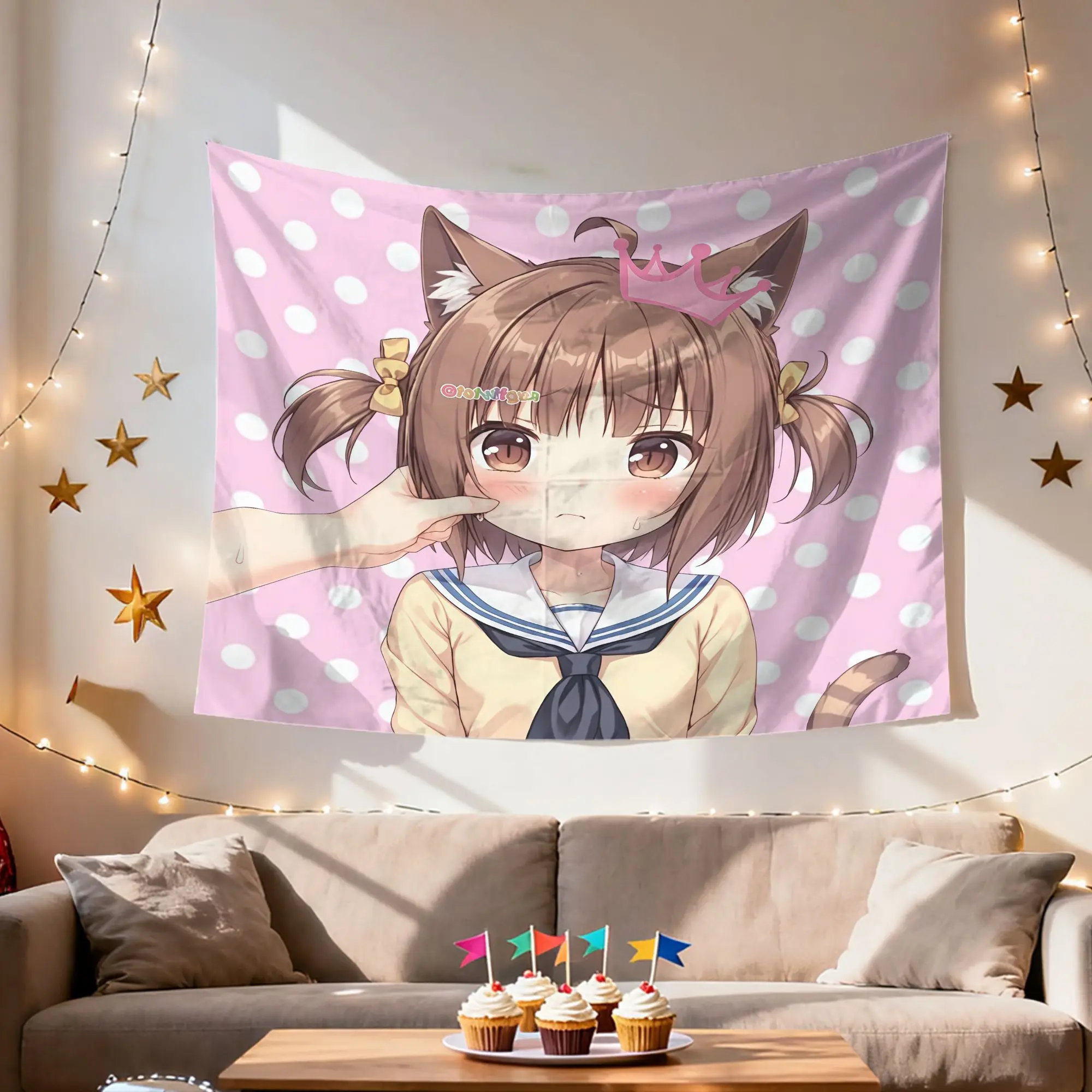 Cute Crown Cat Girl Anime Tapestry Wall Hanging Live Streaming Backdrop Decor For Bedroom Living Room Dorm Party Holiday Gift