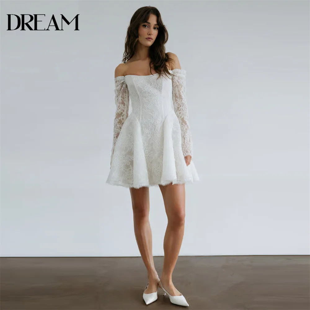 

DREAM Lace Short A-Line Wedding Dress Women 2025 Strapless Long Sleeve Open Back Pleat Bridal Gown Vestido De Noiva Customized