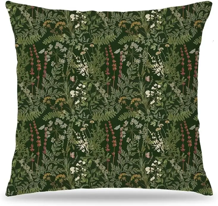 Spring Dark Green Botanical Pillow Cover 18x18 Double-Sided, Vintage Rustic Cottagecore Forest Fern Leaves Wildflower Decorative