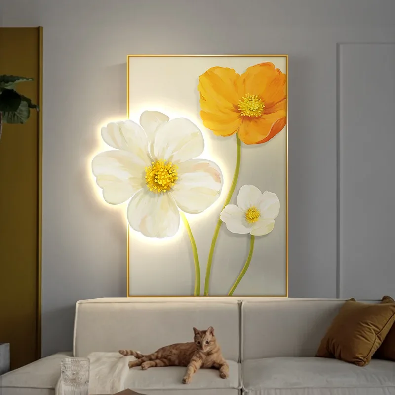 Small fresh sofa background wall decorative painting, three-dimensional luminous living room led light