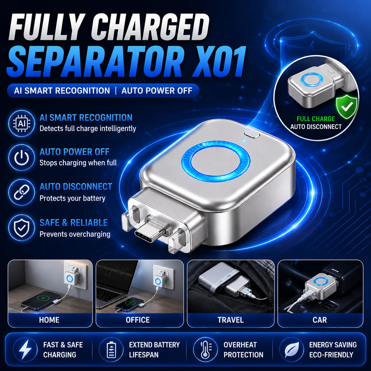 

Smart AI Charging Separator Auto Power Off TypeC Charger Adapter Automatically Disconnects When Full Charge Protect Battery Safe