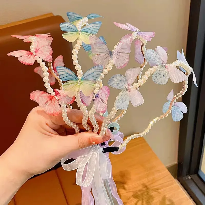 

Повязка на голову с бабочкой, детский обруч для волос, милая принцесса для маленьких женщин, повязка для волос с жемчугом, отделка, шпилька, аксессуары для волос