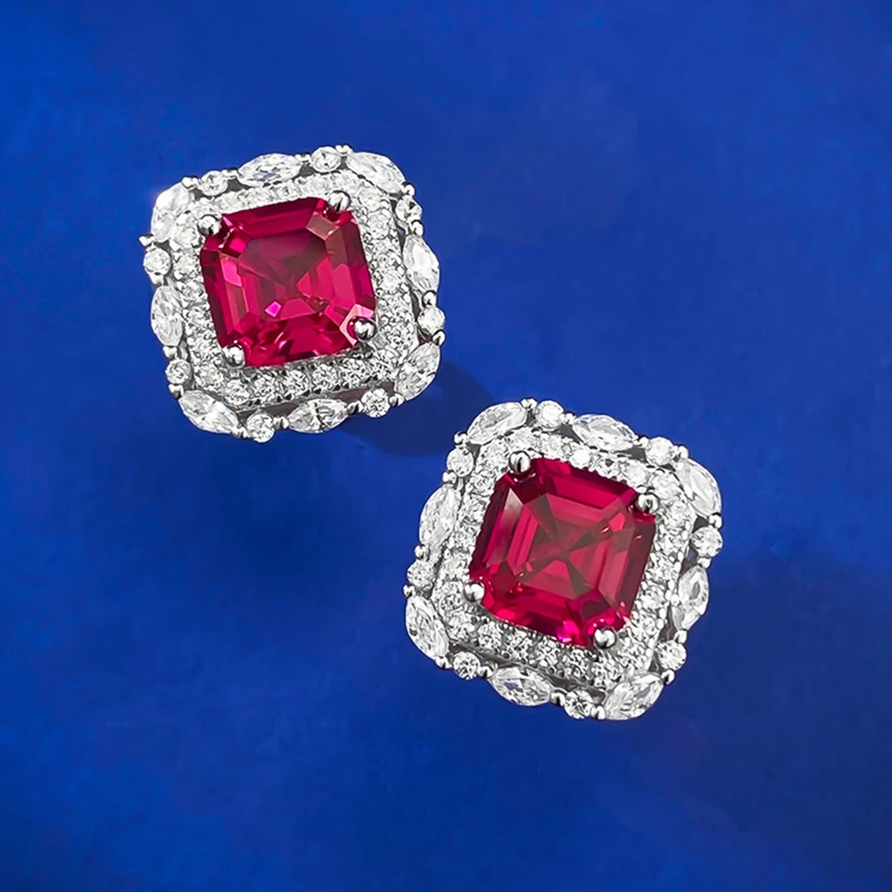 Wong Rain Vintage 925 Sterling Silver Asscher Cut 7*7 MM Ruby High Carbon Diamond Gemstone Studs Earrings Jewelry Free Shipping