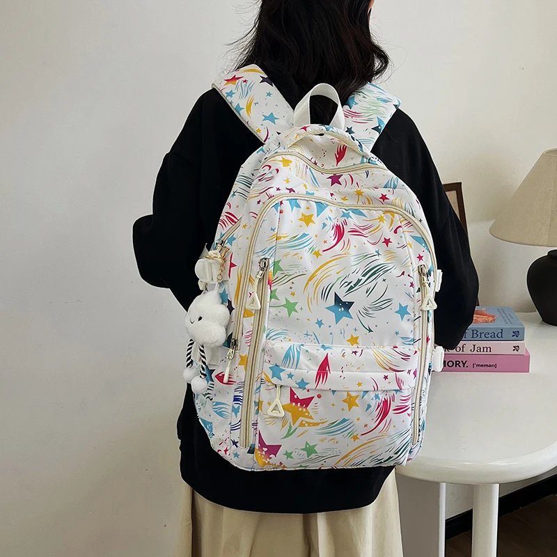 Classic Fashion Versatile Women's Graffiti Star Printed Nylon Cloth Student Book Storage Bags Vacation Travel Sports Backpack